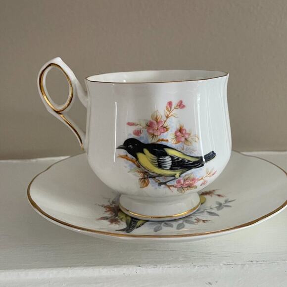 VTG Royal Dover Bone China, England, Teacup & Saucer, Yellow Birds, Pink, Floral - Picture 3 of 8